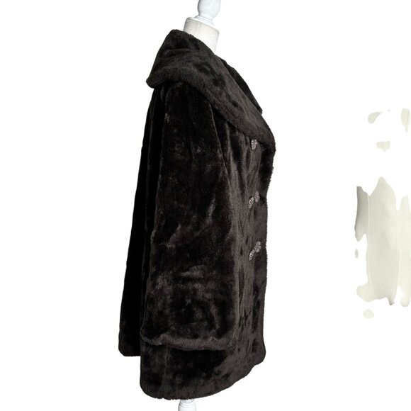 Vintage 70s Double Breasted Faux Fur Coat Large Buttons Pockets Orange Lining - Picture 4 of 10